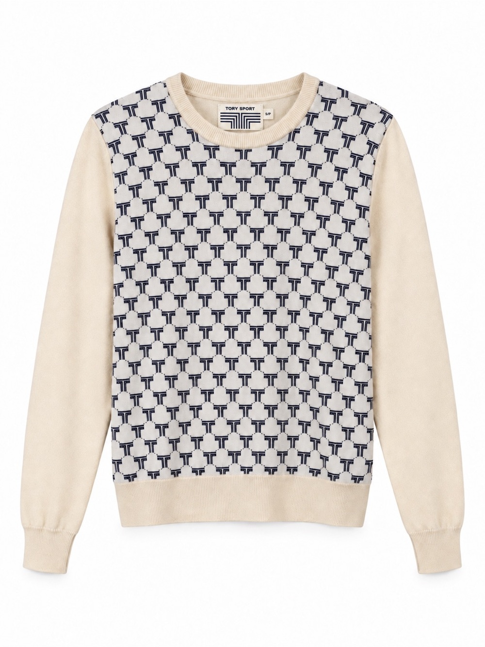Tory Sport T Monogram Merino Wool Sweater Ivory Navy Small